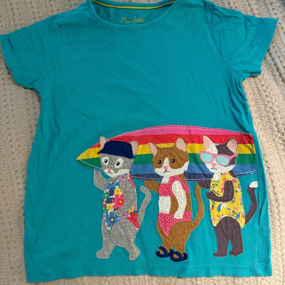 Mini Boden applique tshirt with surfing cats Sz 11-12